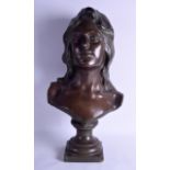 A LARGE ART NOUVEAU BRONZE BUST OF A PRETTY FEMALE by J Olest, modelled upon a square base. 55 cm