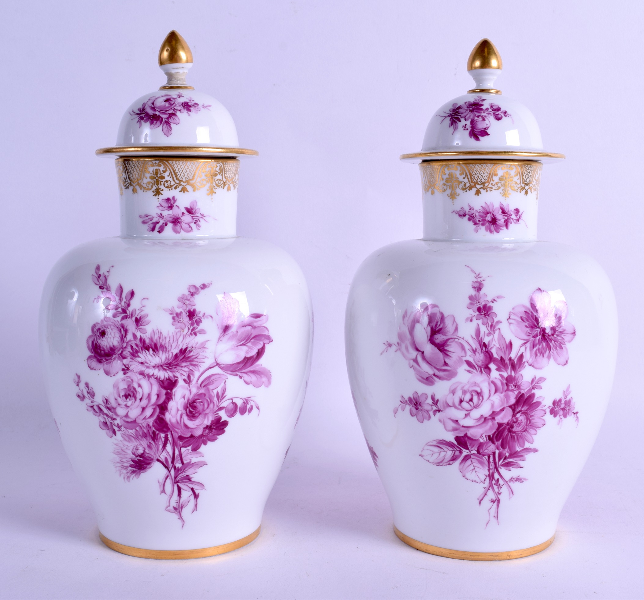 A FINE PAIR OF 19TH CENTURY MEISSEN PORCELAIN VASES AND COVERS decorated in puce with figures within - Image 2 of 3