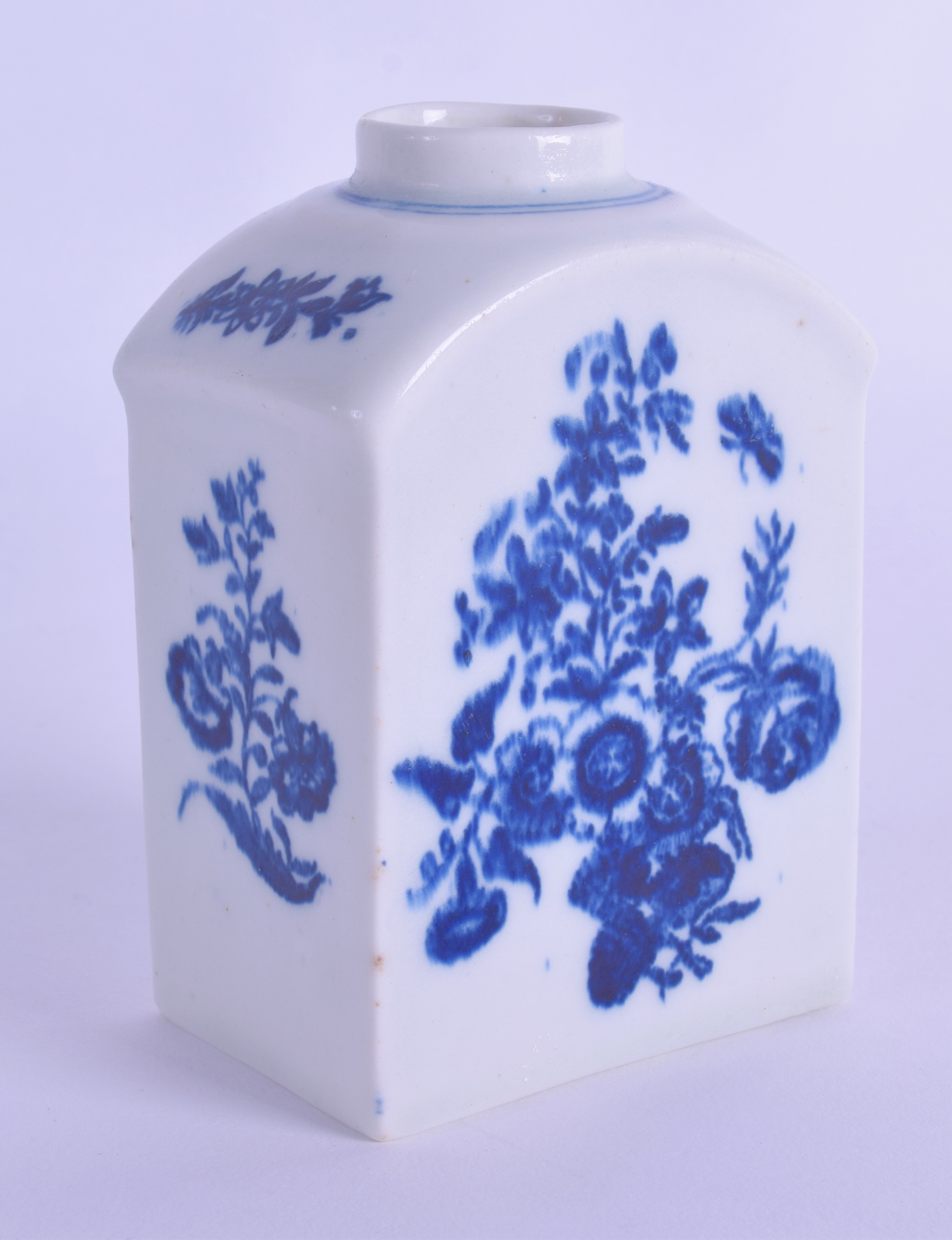 18th c. Lowestoft tea canister printed with flowers sprays and a butterfly in blue, factory