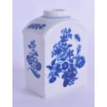 18th c. Lowestoft tea canister printed with flowers sprays and a butterfly in blue, factory