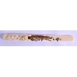 A 19TH CENTURY JAPANESE MEIJI PERIOD CARVED IVORY SHIBAYAMA INLAID PAPER KNIFE with amusing ivory