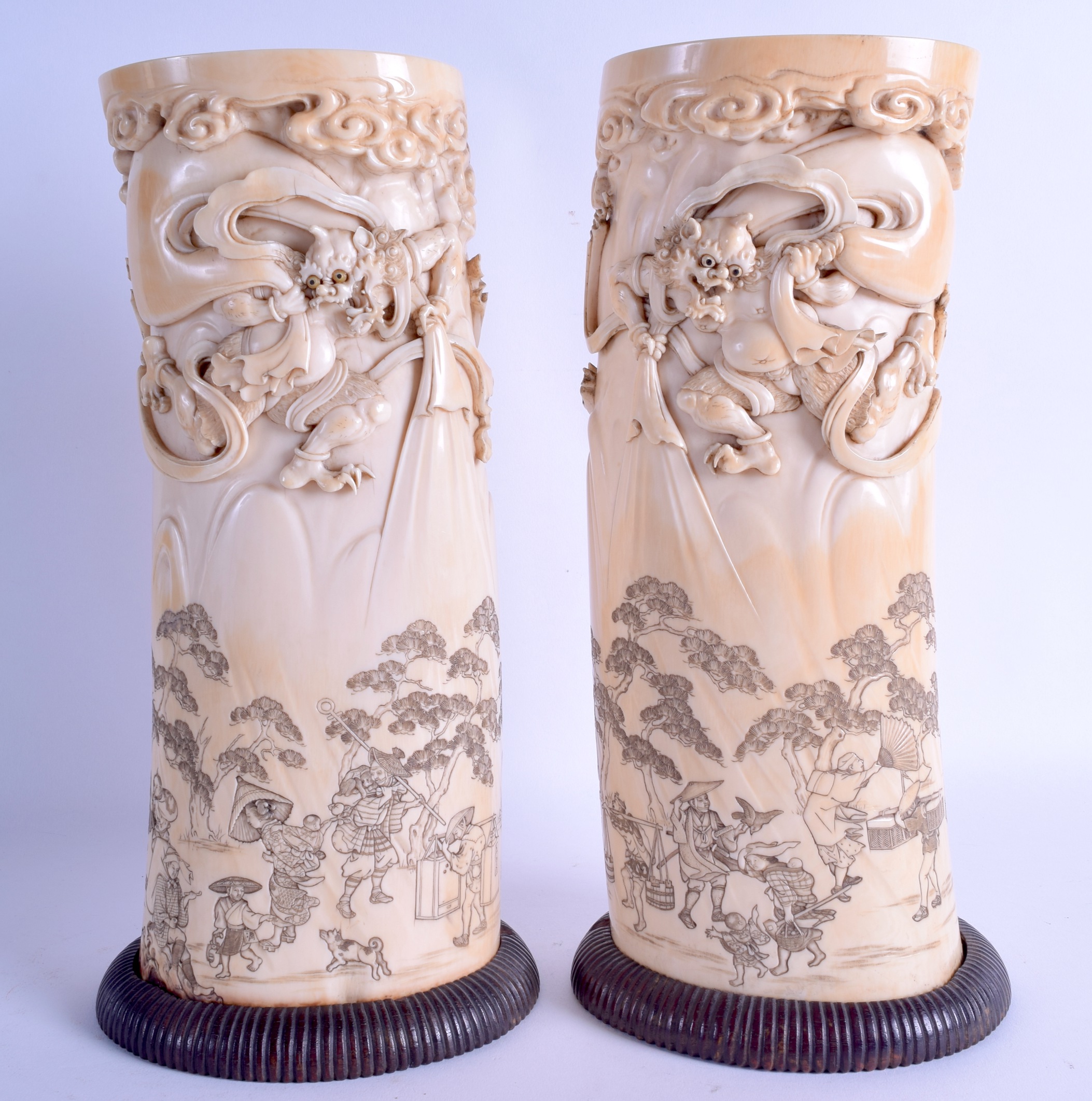 A FINE LARGE PAIR OF 19TH CENTURY JAPANESE MEIJI PERIOD CARVED IVORY TUSK VASES decorated in - Image 2 of 4