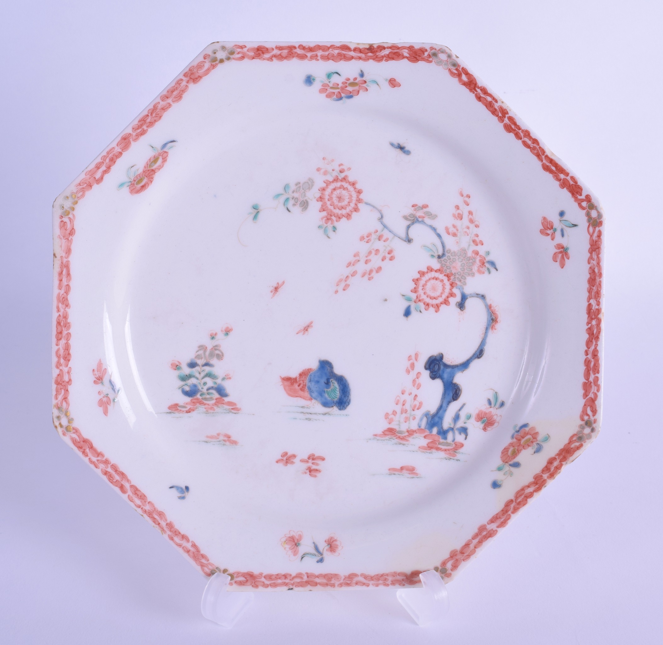 18th c. Bow octagonal plate painted with the Two Quail pattern. 18cm Wide