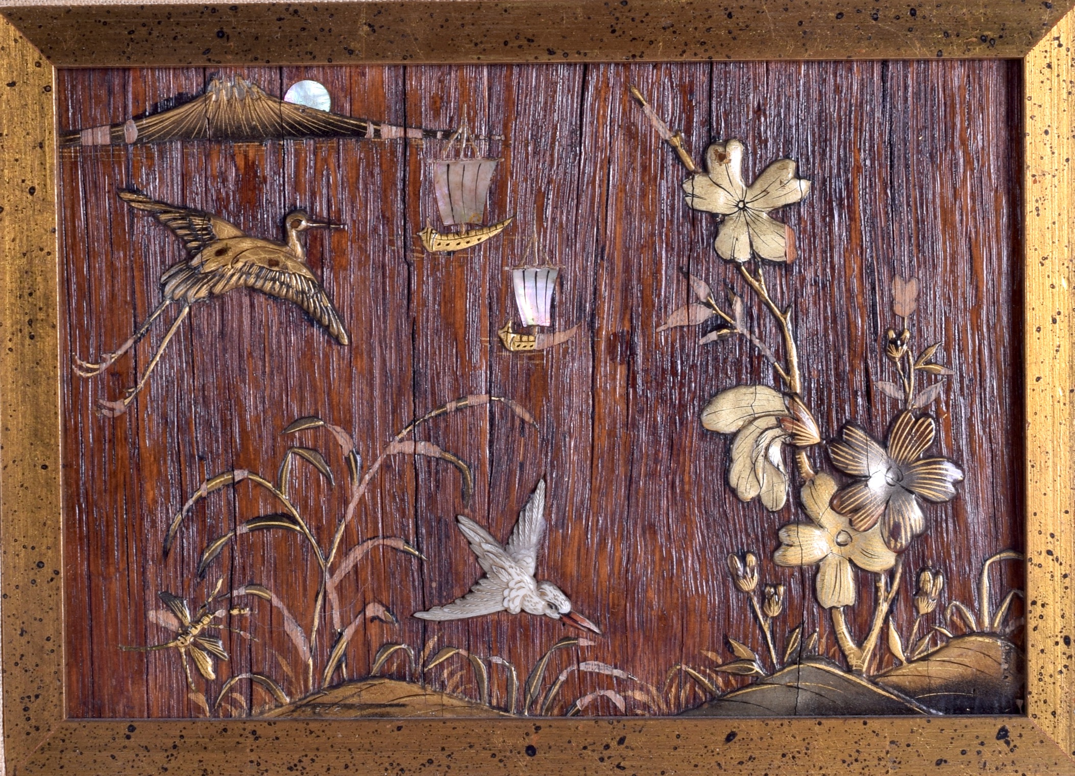 A SET OF THREE LATE 19TH CENTURY JAPANESE MEIJI PERIOD LACQUERED BAMBOO PANELS decorated with