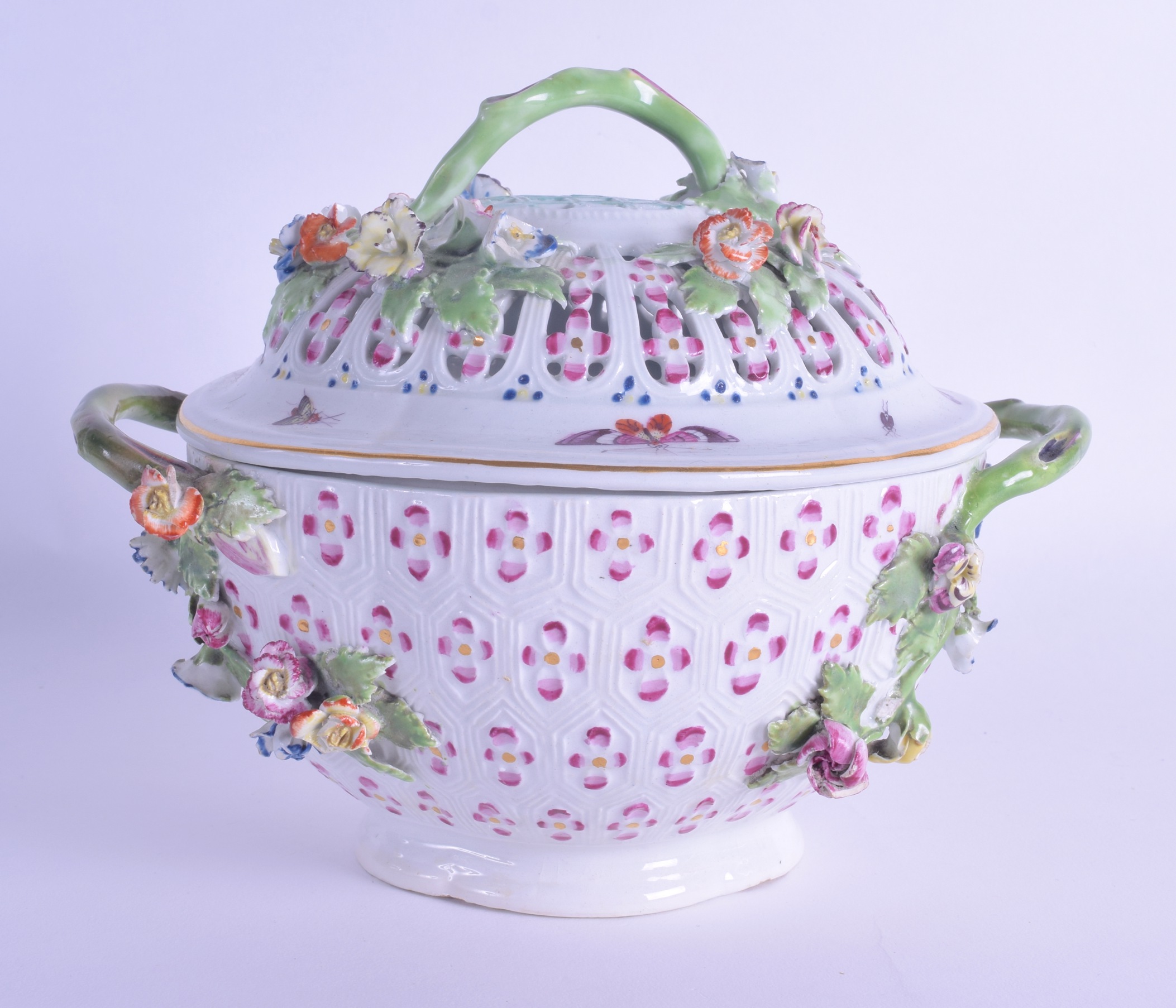 18th Derby very rare patch marked floral encrusted tureen and cover painted with moths and