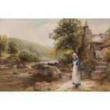 ERNEST CHARLES WALBOURN (1872-1927), Young Maiden Before a Riverside Cottage, oil on canvas, signed,
