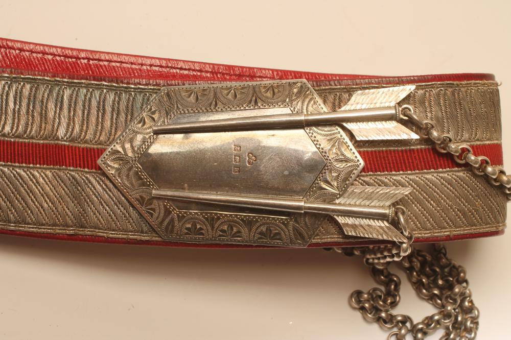 A YEOMANRY CAVALRY OFFICER'S CROSS-BELT, dated 1901, the red morocco belt with silvered embroidery - Image 2 of 6