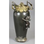 A FRENCH BRONZED METAL GARNITURE VASE, c.1900, of flared rounded cylindrical form, cast and