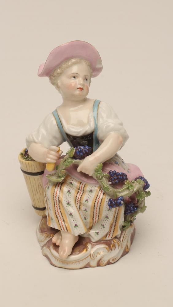 A MEISSEN PORCELAIN FIGURE, late 19th century, allegorical of autumn, modelled as a young girl