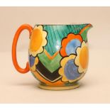 A GRAY'S POTTERY JUG, 1930's, of ovoid form with orange "D" handle, painted in bright colours with a