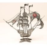 A MALTESE SILVER FILIGREE NEFF, 20th century, the masted ship with four red and white enamelled
