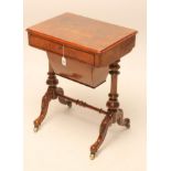 A VICTORIAN WALNUT PILLAR END WORK TABLE of rounded oblong form, moulded edged burr top with central