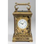 A GILT BRASS CASED CARRIAGE CLOCK, c.1900, the twin barrel movement with platform escapement