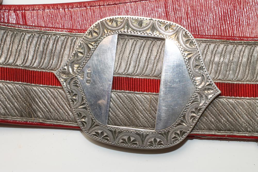 A YEOMANRY CAVALRY OFFICER'S CROSS-BELT, dated 1901, the red morocco belt with silvered embroidery - Image 3 of 6