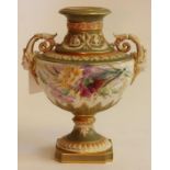 A ROYAL WORCESTER CHINA VASE, 1908, of baluster form on a knopped socle and canted square foot,