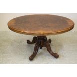 A VICTORIAN WALNUT LOO TABLE, the oval moulded edged tip up top with burr quarter veneers, raised on