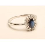 A SAPPHIRE AND DIAMOND CLUSTER RING, the oval facet cut sapphire claw set to a border of ten small