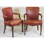 A PAIR OF MAHOGANY ELBOW CHAIRS, c.1900, of Georgian design, upholstered in red leather, padded