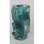 A DAUM TURQUOISE OVERLAY GLASS VASE, c.1960's/70's, of abstract form, moulded with cracked ice and