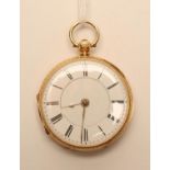 A GENTLEMAN'S VICTORIAN 18CT GOLD KEY WIND POCKET WATCH, the white enamel dial with black Roman