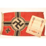 A GERMAN SECOND WORLD WAR FLAG, with central swastika in a cross on a red ground, corner cross and