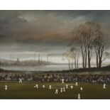 BRIAN SHIELDS "BRAAQ" (1951-1997), A Cricket Match, Industrial Town in the Distance, oil on board,