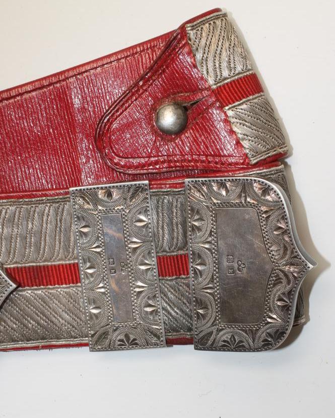 A YEOMANRY CAVALRY OFFICER'S CROSS-BELT, dated 1901, the red morocco belt with silvered embroidery - Image 4 of 6