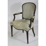 A GEORGIAN MAHOGANY FRAMED OPEN ARMCHAIR, late 18th century, in the French taste and upholstered