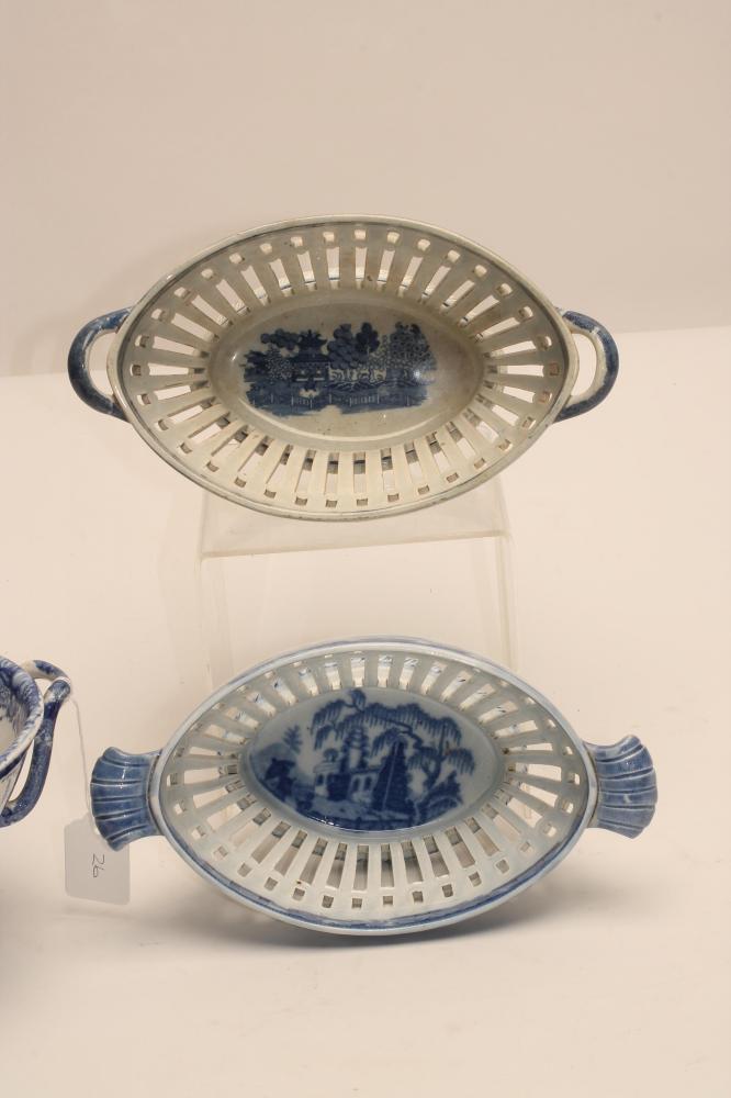 TWO PEARLWARE CHESTNUT BASKETS, c.1790, of two handled oval form, both centrally printed in - Image 2 of 2