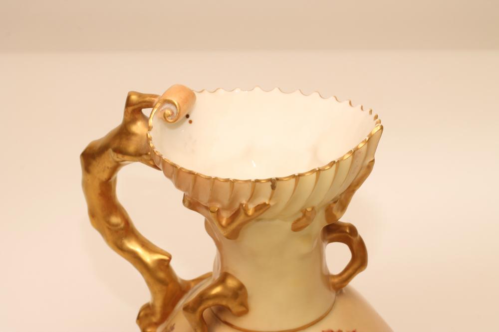 A ROYAL WORCESTER CHINA JUG, 1903, of lobed form with coral twig handle, painted in polychrome - Image 2 of 3