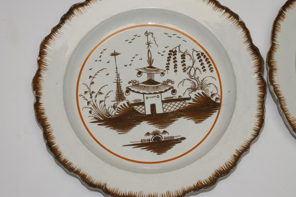 A PAIR OF YORKSHIRE PEARLWARE PLATES, c.1800, of shaped circular form with brown highlighted feuille - Image 3 of 3