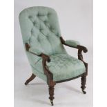 A VICTORIAN ROSEWOOD SALON CHAIR, button upholstered in pale green silk damask, arched back,