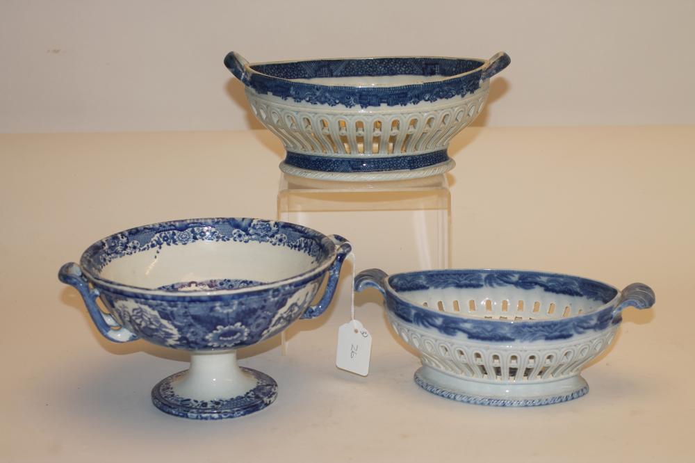 TWO PEARLWARE CHESTNUT BASKETS, c.1790, of two handled oval form, both centrally printed in