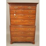 A GEORGIAN MAHOGANY AND OAK CHEST ON CHEST, late 18th century, the dentil moulded cornice over blind