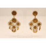 A PAIR OF CHANDELIER EARRINGS, hard mounted with two 1923 Turkish 50 Kurush coins and three