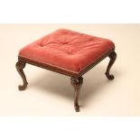 A ROSEWOOD AND MAHOGANY FRAMED DRESSING STOOL of square form, the upholstered seat in pink dralon,