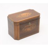 A LATE GEORGIAN MAHOGANY TEA CADDY of plain canted oblong form, the hinged cover and fascia inlaid