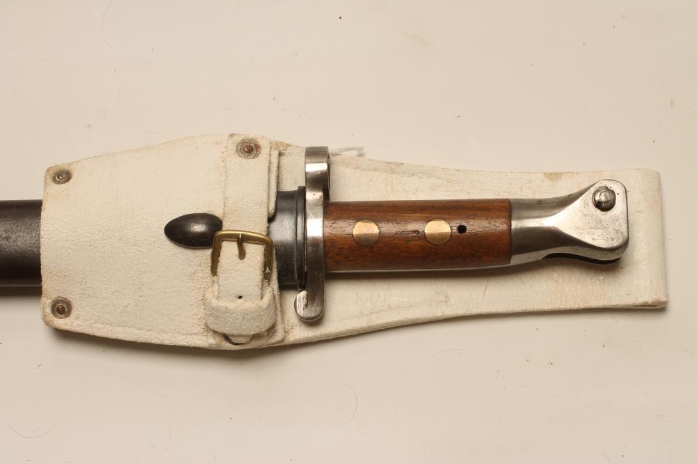 A BRITISH MODEL 1888 BAYONET, with 12" double edged blade, two piece wood grip stamped crown over - Image 2 of 3