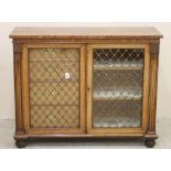 A REGENCY OAK SIDE CABINET, the oblong top and banded frieze over two glazed doors with gilt metal