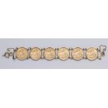 A SIX SOVEREIGN BRACELET comprising 1886, 1889, 1896, 1902, 1913 and 1964, all loose mounted, 59g