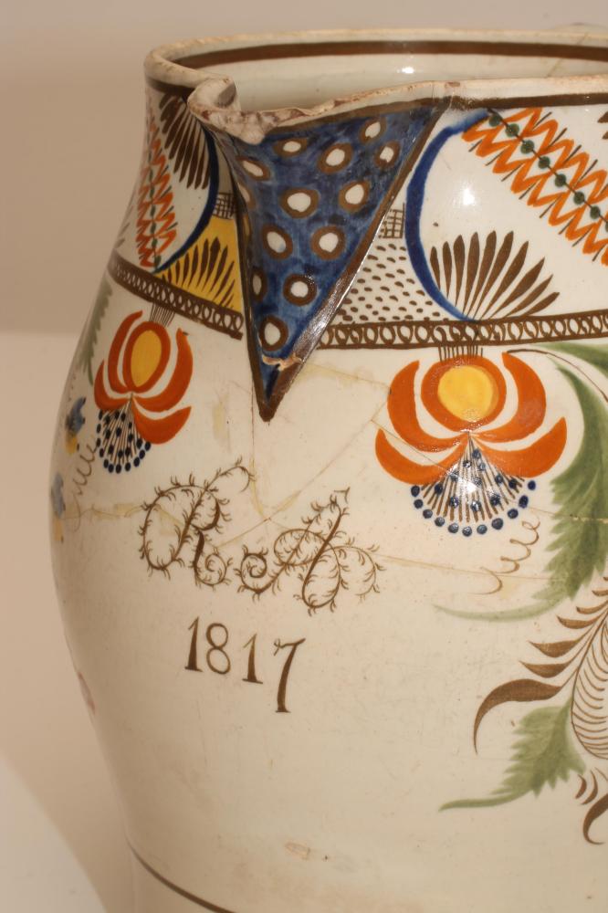 TWO ENGLISH DOCUMENTARY JUGS, 1797 and 1817, comprising a creamware example of baluster form with - Image 2 of 4