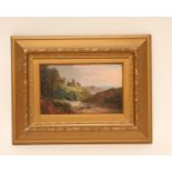 BRITISH SCHOOL (19th Century), Castle Ruin Overlooking a Wooded Ravine, oil on board, unsigned, 6