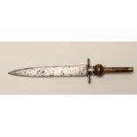 A PLUG BAYONET, 18th century, with 8 1/2" double edged blade, steel cross guard and a shaped wood