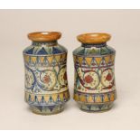 A PAIR OF MAIOLICA SMALL ALBARELLI, 20th century, of waisted cylindrical form, painted in iridescent