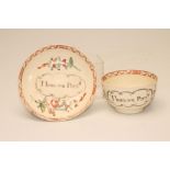 A DOCUMENTARY CREAMWARE TEABOWL AND SAUCER, c.1780, each inscribed "Thomason Porritt" within burnt