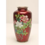 A JAPANESE BASSE TAILLE ENAMEL VASE, mid to late 20th century, of rounded cylindrical form, with