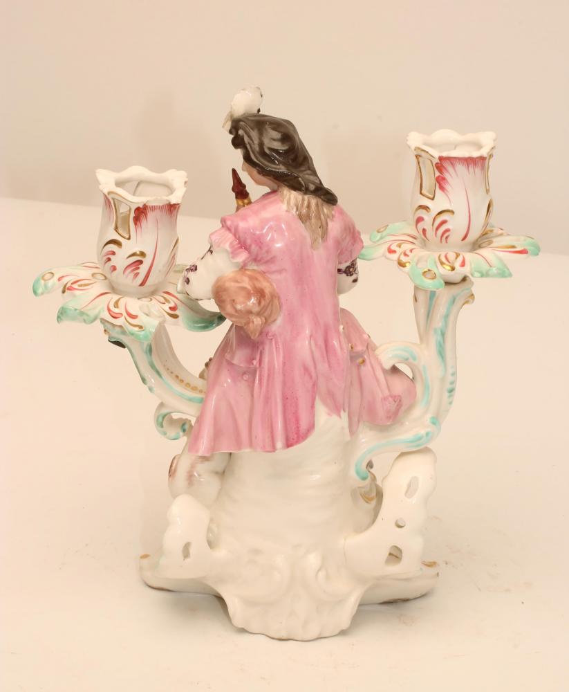 A DERBY PORCELAIN FIGURAL TWO BRANCH CANDELABRUM, c.1770, modelled as young piping shepherd - Image 2 of 2