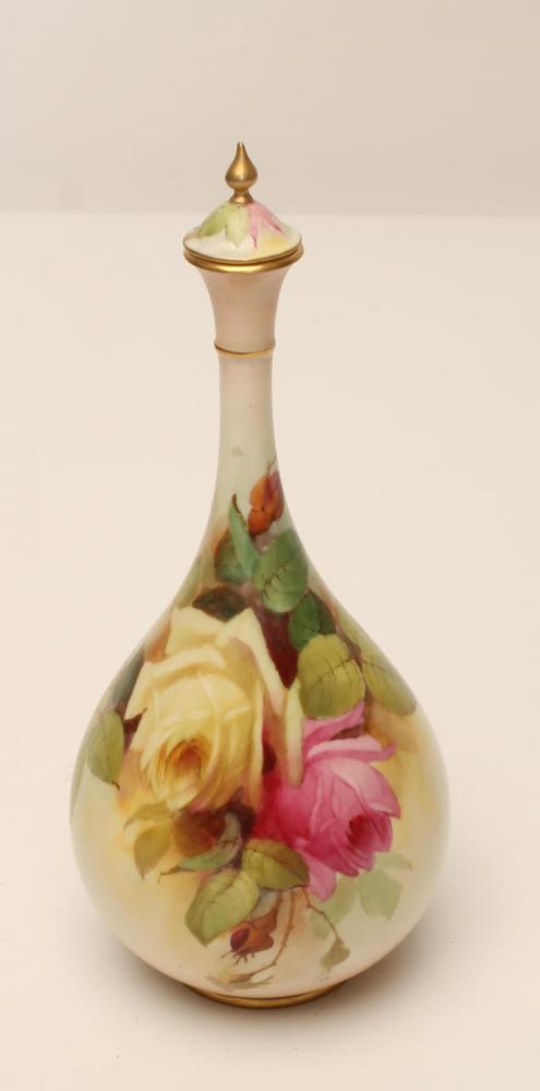 A ROYAL WORCESTER CHINA BOTTLE VASE AND COVER, 1911, painted in polychrome enamels with full blown