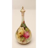 A ROYAL WORCESTER CHINA BOTTLE VASE AND COVER, 1911, painted in polychrome enamels with full blown