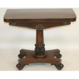 A WILLIAM IV ROSEWOOD FOLDING CARD TABLE of rounded oblong form, the swivel top opening to a
